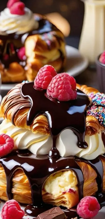 Chocolate-covered pastry with raspberries