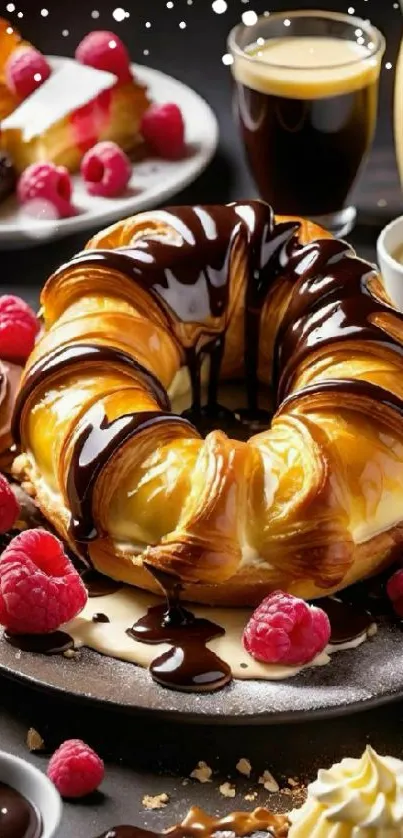 Chocolate-glazed pastry with raspberries.
