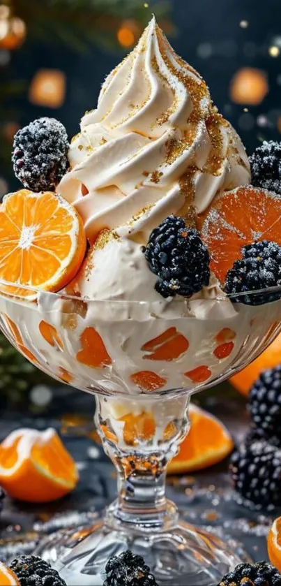 Creamy dessert topped with oranges and blackberries in a glass dish.