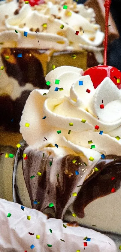 Creamy sundaes with chocolate and cherries in a gloved hand.