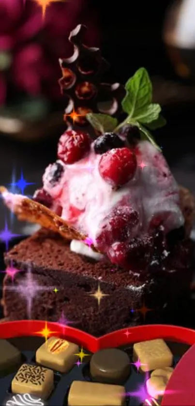 Dessert with chocolate cake, berries, and sparkles on a plate.