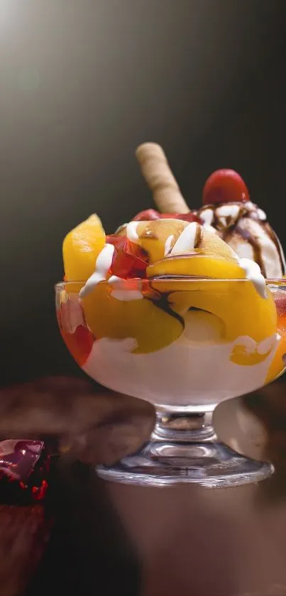 Vibrant fruit parfait dessert wallpaper with a dark background and glass bowl.