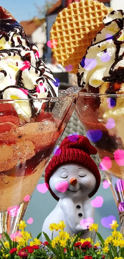 Delicious ice cream desserts with cherries and chocolate in sunny setting.