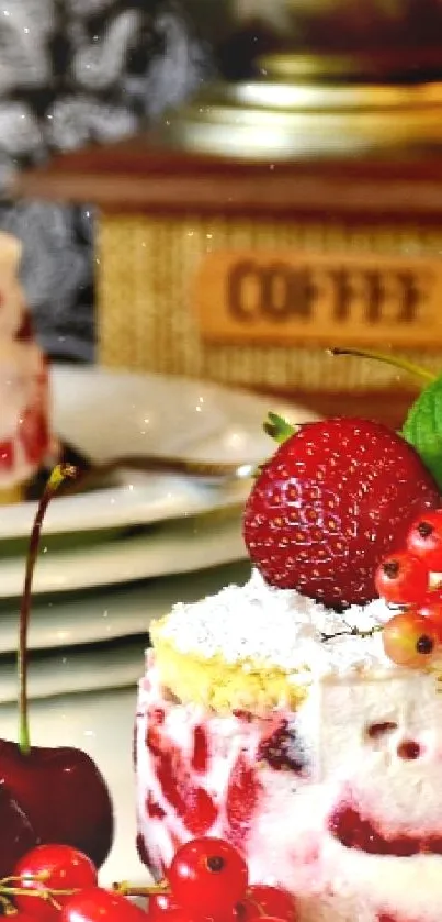 Delicious dessert wallpaper with berries and layered cakes on plates.
