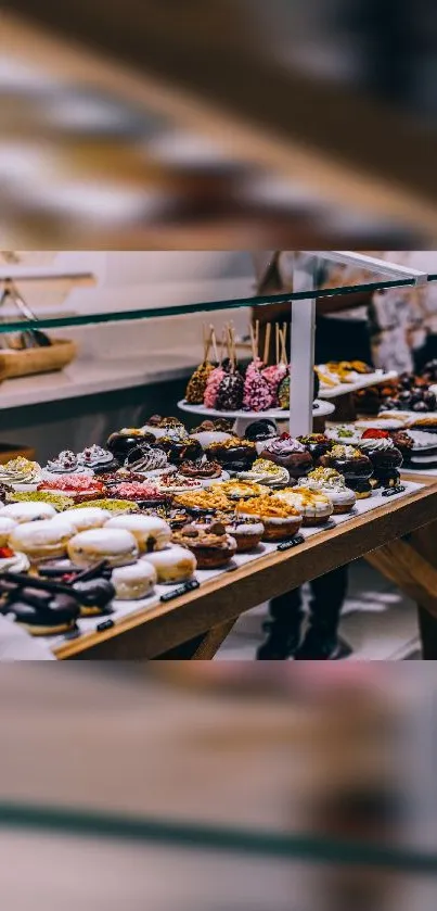 A colorful display of assorted desserts on a wooden table.