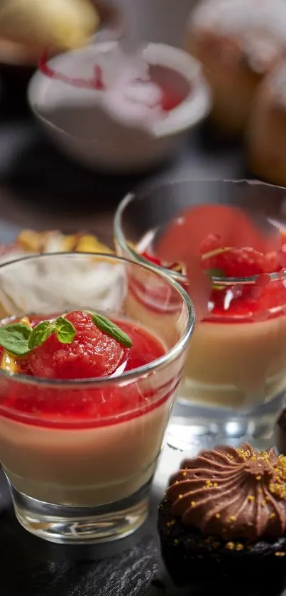 Exquisite dessert display with panna cotta, raspberries, and chocolate treats.