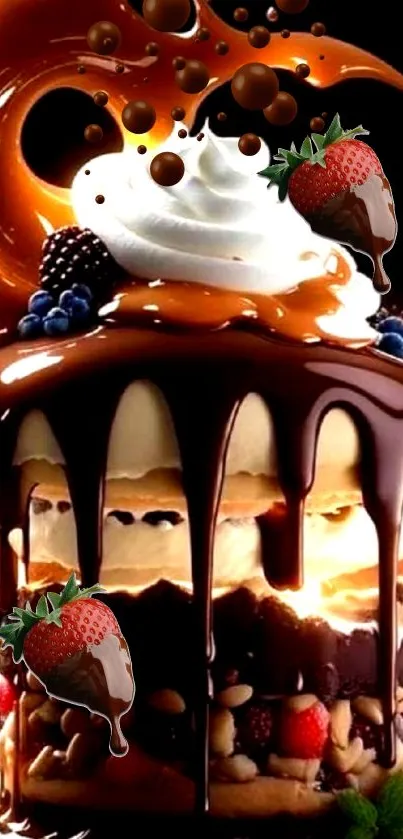 Decadent dessert with chocolate drizzle and berries on a mobile wallpaper.