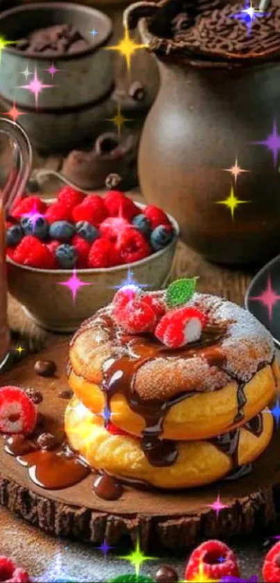 Delicious chocolate pancakes with fresh berries on a rustic table.