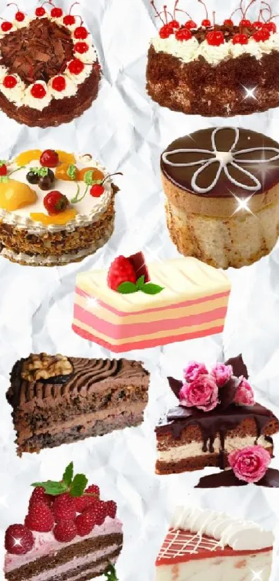 Aesthetic wallpaper of assorted cakes and pastries on textured background.