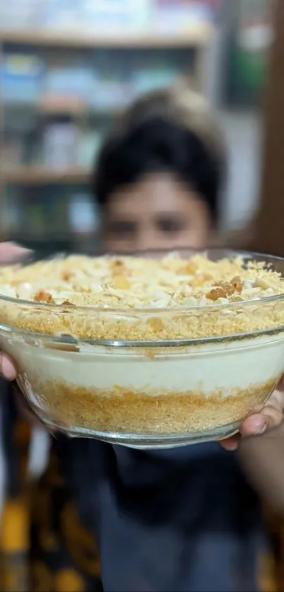 A close-up of a delicious dessert in a glass bowl, held towards the camera.