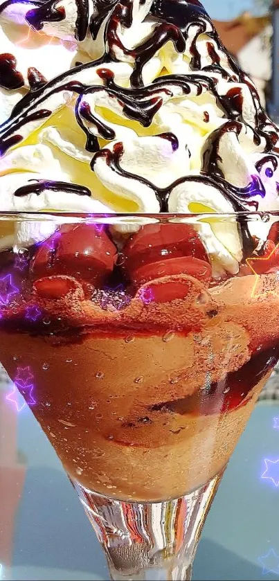 Two elegant ice cream desserts with cherries and chocolate syrup in glass cups.