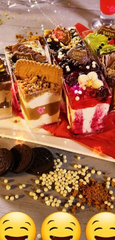 A delightful array of colorful desserts with playful emojis on a phone wallpaper.