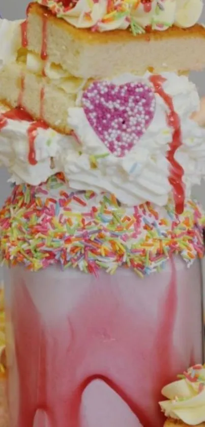 Colorful milkshake with sprinkles and cake slices.