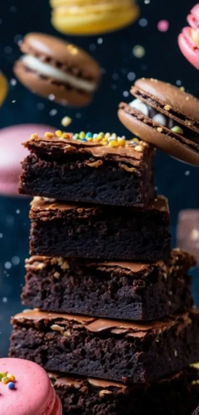 Stack of brownies surrounded by colorful macarons.
