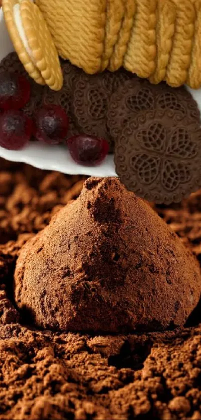 Chocolate truffle and cookies on edible background.