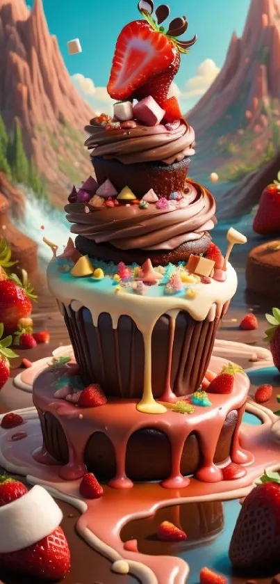 Chocolate cupcake with strawberries in a mountain setting.