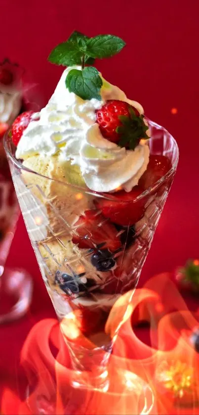 Colorful dessert parfait with whipped cream and berries on red background.