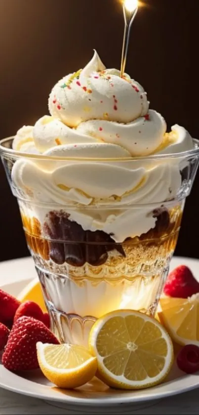 Dessert parfait with whipped cream and berries in a glass.
