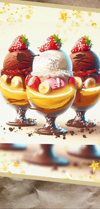 Colorful banana split dessert wallpaper featuring chocolate scoops and strawberries.