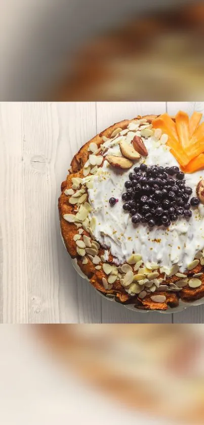 Cake with almonds and fruits on wooden table wallpaper.