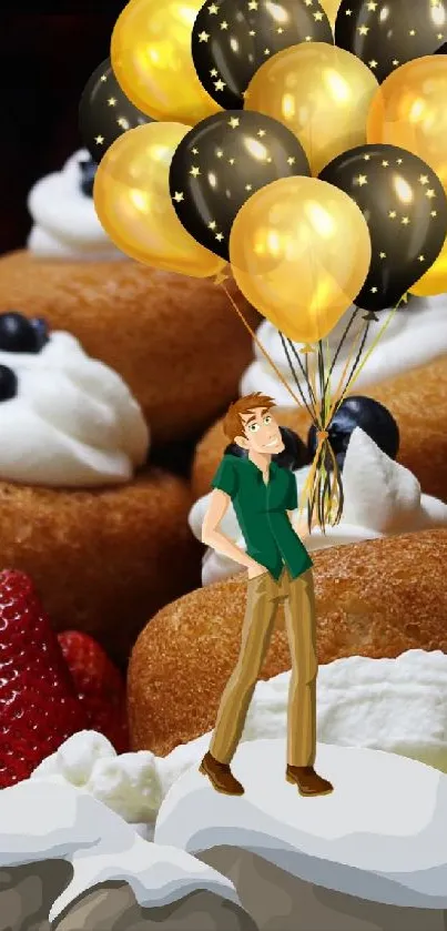 Cartoon character with balloons over desserts.