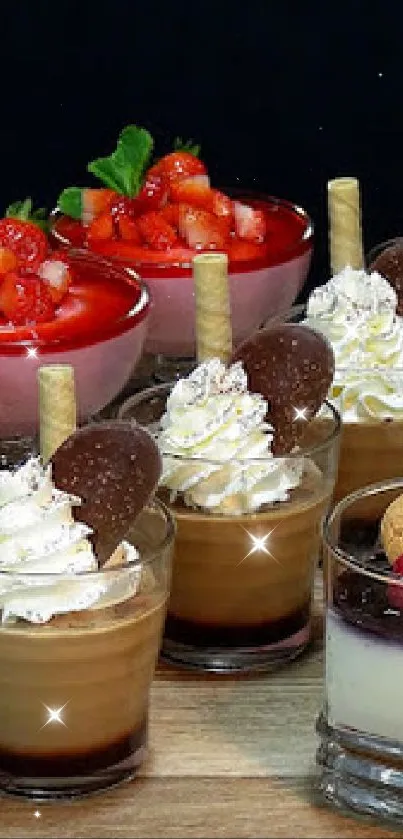 A variety of delicious desserts in glass cups.