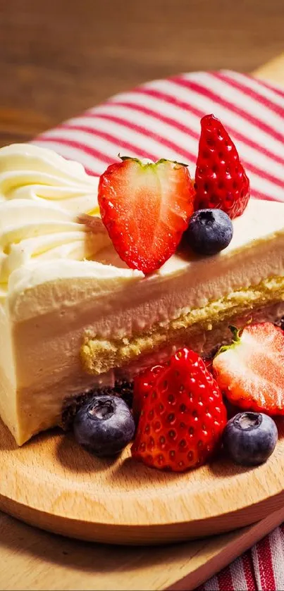 Creamy dessert slice topped with berries on a wooden platter.