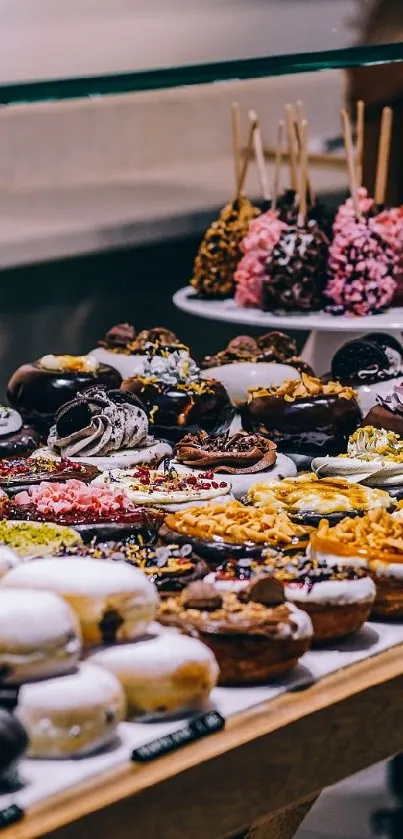 A vibrant display of assorted desserts on a wooden table.
