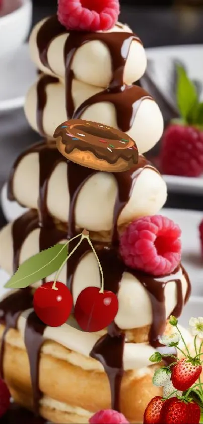 Cream puff tower with chocolate, raspberries, and cherries.