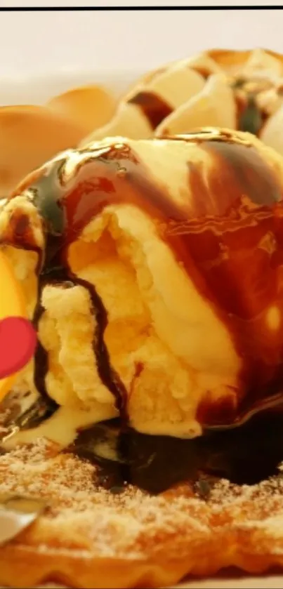 Vanilla ice cream with chocolate drizzle on a waffle.