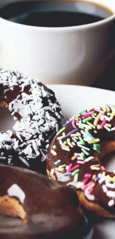 Close-up of three donuts with sprinkles and a cup of coffee.