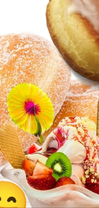 Vibrant mobile wallpaper with donuts, emoji, and flower garnish on a plate.