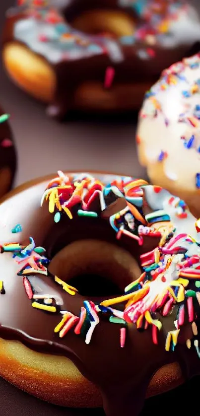 Four chocolate donuts with colorful sprinkles on a brown background.