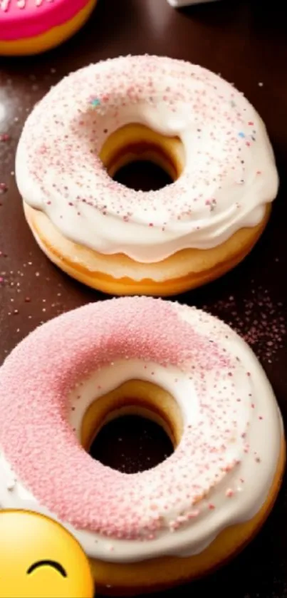 Two donuts with pink and white frosting on a stylish mobile background.