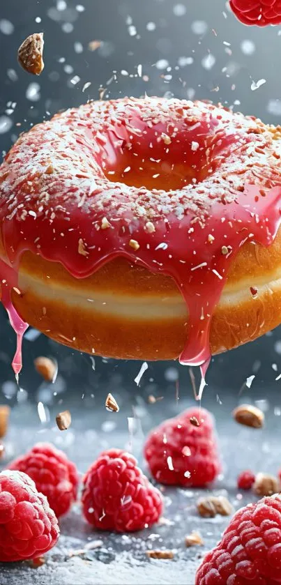 A vibrant donut with raspberry glaze and fresh berries.