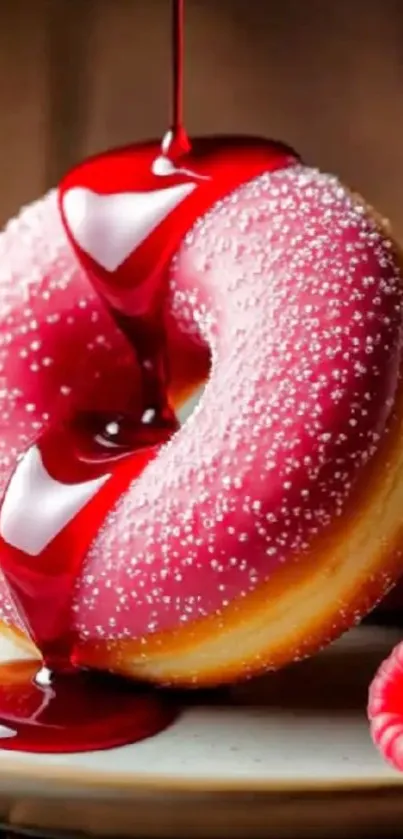 Vibrant donut with red syrup drizzle.