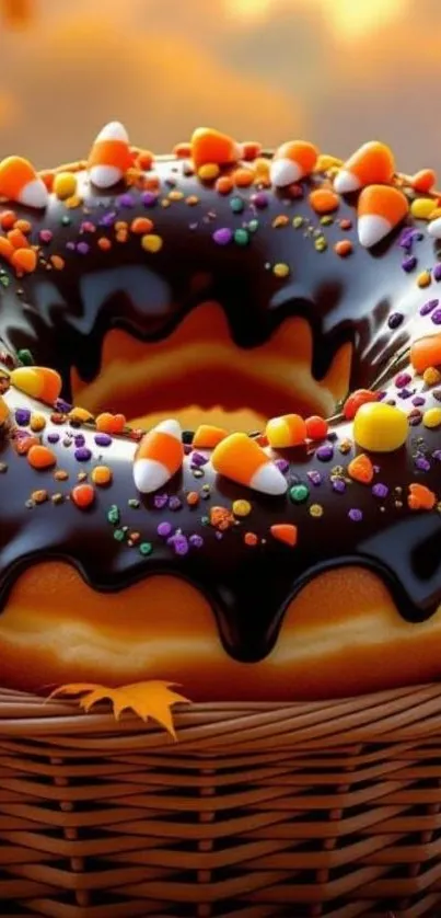 Chocolate-glazed donut with colorful candy sprinkles in a basket.