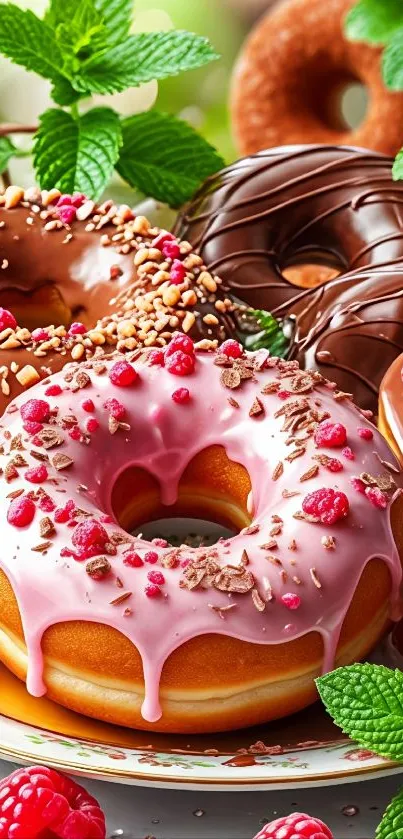 Colorful donuts with chocolate and pink glaze, adorned with fruit and mint leaves.