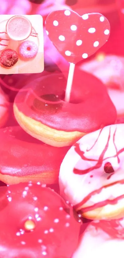 A stack of chocolate and vanilla donuts with a heart accent and pink flowers.