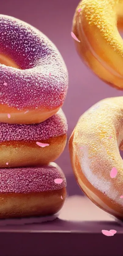 Colorful donuts on a pink-purple background, perfect for a vibrant mobile wallpaper.