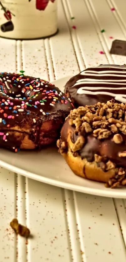 Three chocolate donuts with sprinkles on a plate, enhancing mobile wallpapers.