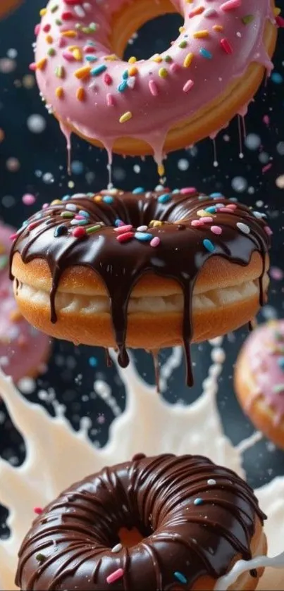 Artistic wallpaper of colorful donuts with chocolate and sprinkles.