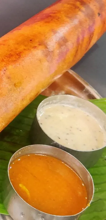 A crispy dosa on a banana leaf with chutneys on a plate.