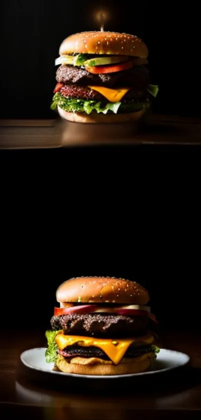 Mouthwatering double cheeseburger on a dark background.