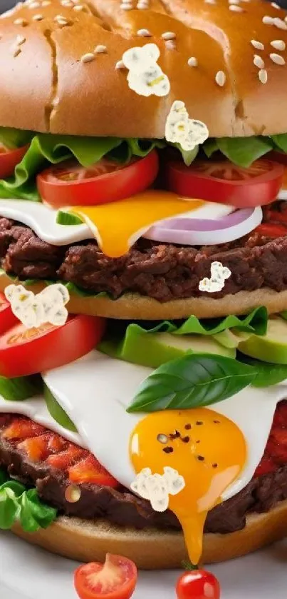 Double stack burger with vibrant toppings on a plate.