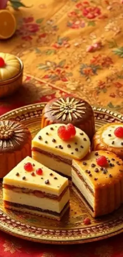 Vibrant platter of festive desserts showcasing ornate pastries and cakes.