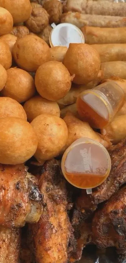 Golden brown assortment of finger foods including chicken and spring rolls.