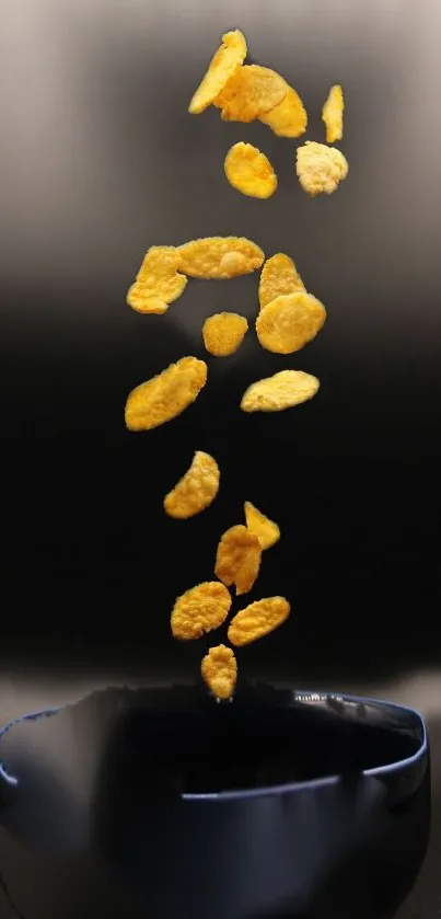 Floating cornflakes over a blue bowl on a stylish black background.