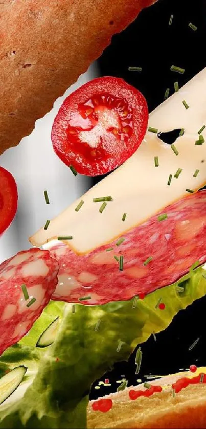 Floating slices of tomato, cheese, and salami against a dark background, artistic display.