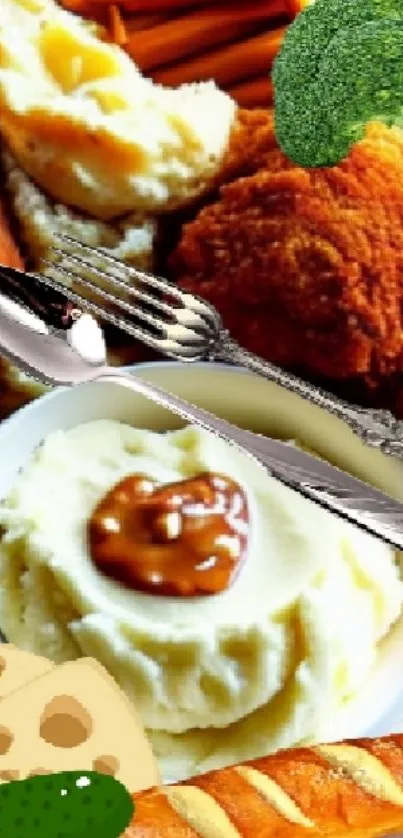 Vibrant food plate with fried chicken, mashed potatoes, vegetables, and rolls.